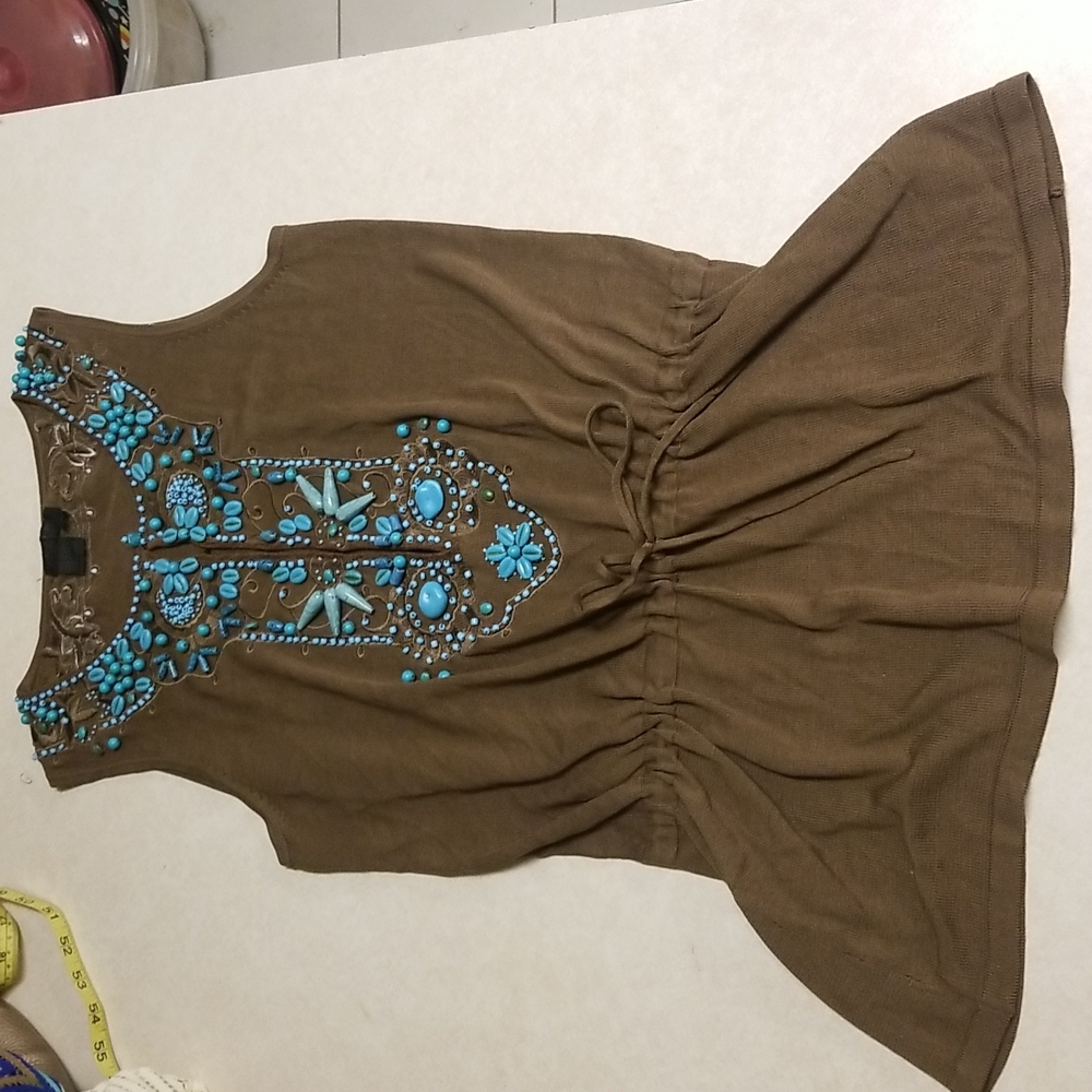 VOTRE NOM JEANS silk TOP embellished with turquoise stones  size medium
